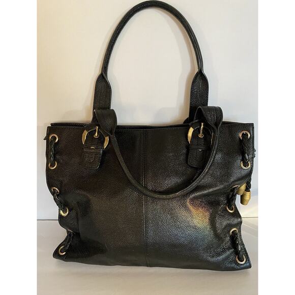 APC Large Blk Pebbled Leather Satchel Braided Accents Gold Hdwe Zip, Slip Pkts - Picture 6 of 16